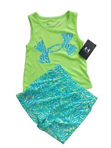 Under Armour Lime Green Girl Vest Tank T Shirt Shorts 2pc Set size 4 5 Years NWT