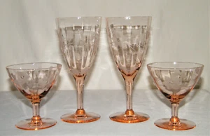 Vtg vs Atq Set (4) PINK DEPRESSION GLASS WINES & CORDIALS Etched Floral Pattern  - Picture 1 of 11