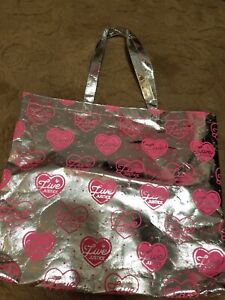Justice Girl's Silver With Pink Hearts Live Justice 16 X 19 Shopper Totebag NWOT