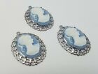 3 pcs 25mm VTG Blue Victorian Lady Craft Jewelry Cameos Silver Filigree Settings