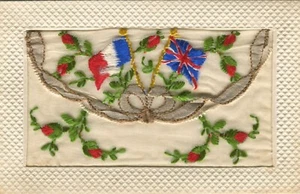 WWI, FLAGS, FLOWERS - Embroidered Silk Military Patriotic Postcard - Picture 1 of 2
