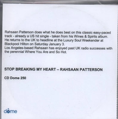 Rahsaan Patterson Stop Breaking My Heart CDr UK Dome 2007 Promo CDr ART7013S1 - Bild 1 von 2