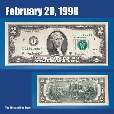 February 20, 1998 Birthday Anniversary $2 Two Dollar Bill Serial Number 02201998 - Image 1 of 2