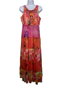 DG2 Diane Gilman Women's size M Pink Floral Tiered Maxi Dress Heavily Beaded - Picture 1 of 13