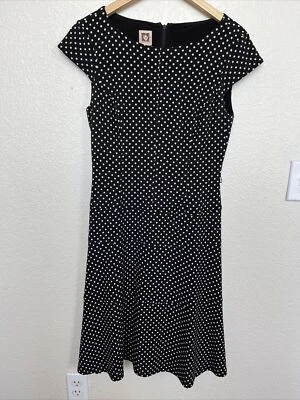 Vestido Anne Klein Mujer Negro Blanco Lunares Elastizado Manga Gorra Midi Nivel Talla 8 Foto 1 de 4