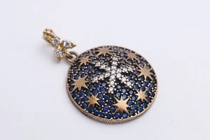 Turkish Handmade Jewelry Round Sapphire Stone Boom 925 Sterling Silver Pendant - Picture 1 of 6