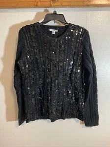 Cárdigan Isaac Mizrahi Mujer’s M Lentejuelas Nuevo con Etiquetas Negro Brillante Tejido con Cable Moda - Imagen 1 de 9