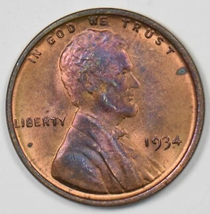1934 Lincoln Wheat Cent Magenta Toning GEM BU RB U0430 - Picture 1 of 2