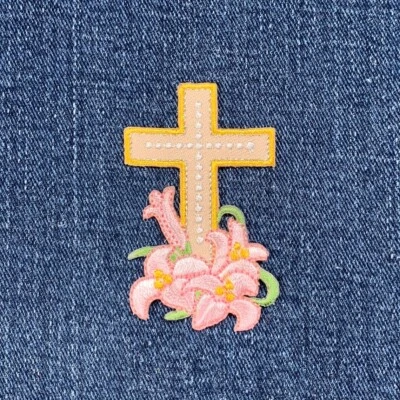 Cross & Lily Applique Patch - Embroidered Easter Lilies Christian Flower Badge - Image 1 of 4