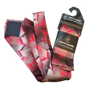 Pierre Cardin Men's Tie and Pocket Square And Tie Bar Gray Red Geometric NEW - Picture 1 of 3