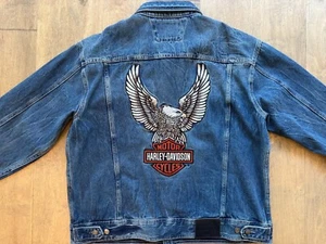 Harley Davidson Blue Denim Jean Jacket Embroidered Eagle Logo Men's Size XL - Picture 1 of 18