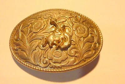 Cowboy  Rodeo Horse Bronco Vintage Brass Western Belt Buckle Floral Scroll Oval - Image 1 of 4