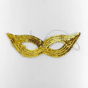 VINTAGE GOLD CAT EYE MASK MARDI GRAS SEQUINS COSTUME 1960S CARNIVALE - Picture 1 of 6