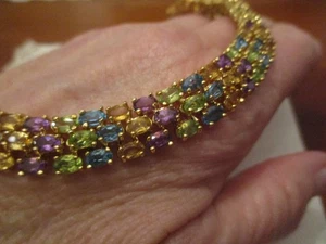 Vtg sterling silver gold vermeil multicolor 3 row gemstone tennis bracelet, 8" - Picture 1 of 8