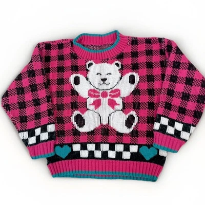 DE COLECCIÓN LINDO Suéter Oso Niños Pequeños Niñas Rosa Caliente Negro Teal Años 80’s Grueso Tejido Foto 1 de 4