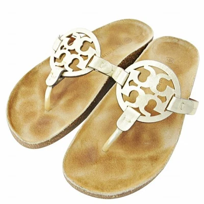 Sandálias tanga feminina 7,0 EUA Tory Burch sapatos espelho nuvem logotipo plano 7 ouro 0707 Ib - Imagem 1 de 4