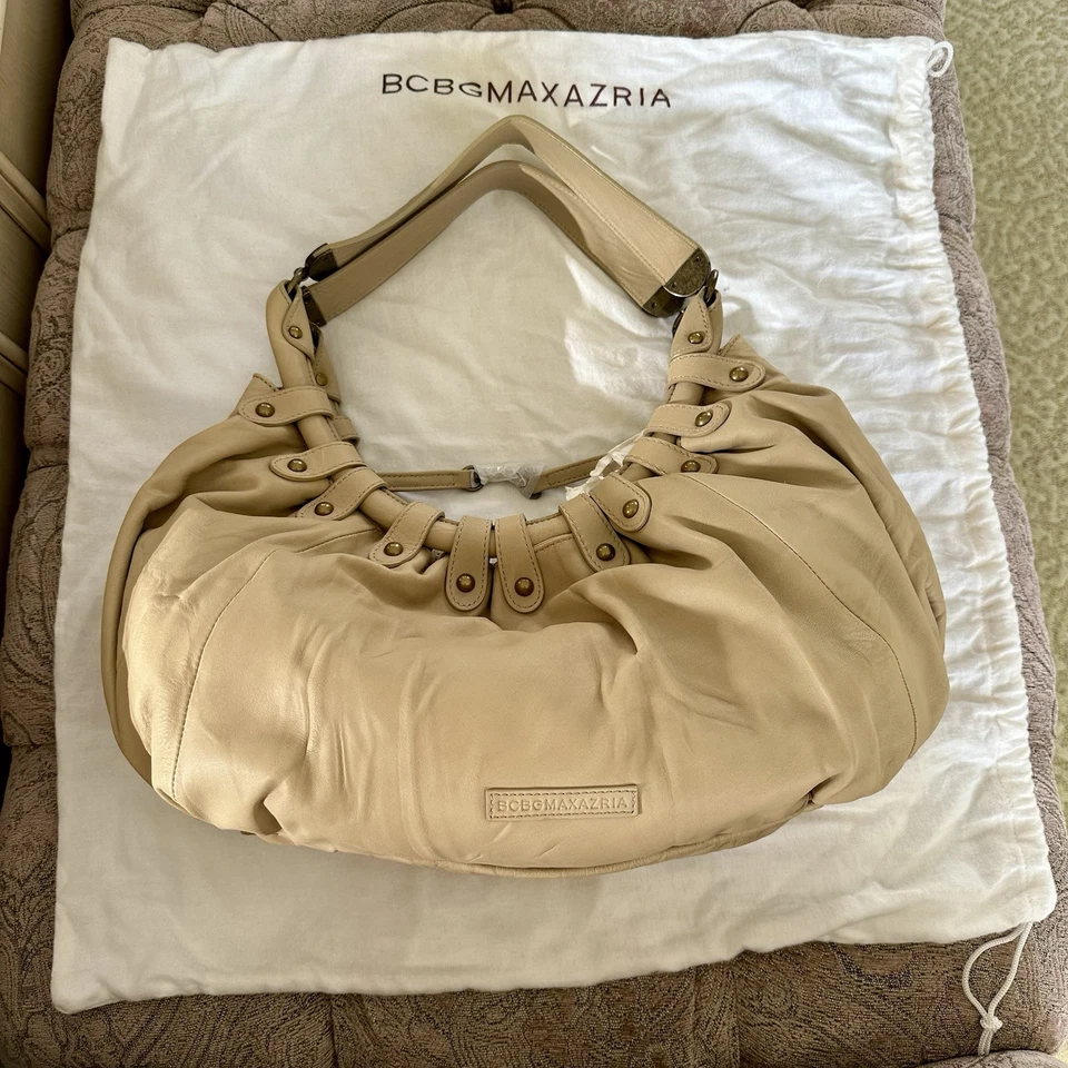 NWT BCBG Maxazria Large Tan Leather Hobo Baguette Bag Purse Handbag 16" - Image 1 of 4
