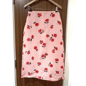 floraler Sommer Rock Zara rosa Midi Leinen Viskose Bleistift Retro 60er Hippie Gr. S - Bild 1 von 6