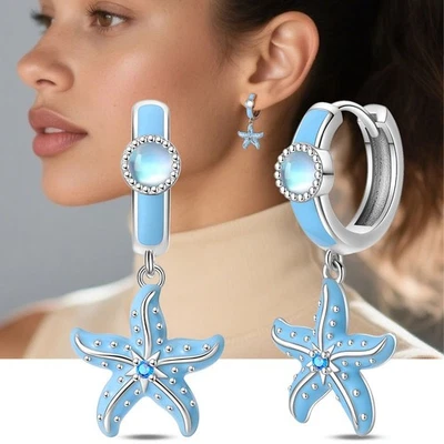 Серьги-капли из стерлингового серебра 925 пробы с голубой морской звездой женские обручи ювелирные изделия - Изображение 1 из 4