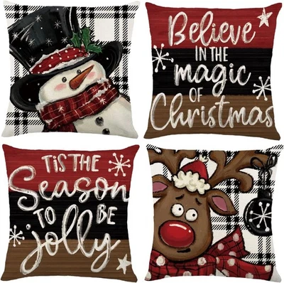 4PCS Christmas Pillow Covers 18x18 Inch, Snowman Buffalo Plaid Winter Believe Re - Image 1 of 4