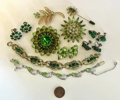 Vintage Rhinestone LOT Pin Earrings Bracelet Sterling Jewelry Signed 10pc AS IS - Image 1 of 4