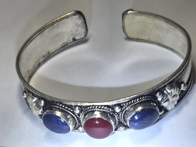 Vintage Tibet Silver Southwest Style Cuff Bracelet  Turquoise & Red Stones - Image 1 of 4
