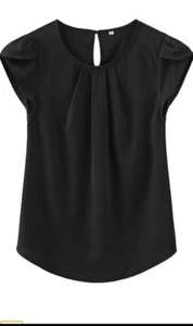 TASAMO Women's Casual Round Neck Basic Pleated Top Cap Sleeve Curved Keyhole... - Picture 1 of 4