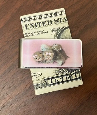 Portatarjetas de metal con clip para dinero para billetes gatitos rectangulares en lazos rosa Foto 1 de 3