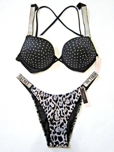 NEW Victoria Secret BOMBSHELL SHINE LOGO Leopard BIKINI SWIM SUIT 34D 36B M SET - Picture 1 of 9