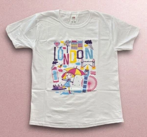 Girl’s Size: 9-11 y/o LONDON Tshirt In White Tower Bridge, Big Ben Rainy Day New - Picture 1 of 13