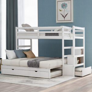 Twin Over Twin/King Bunk Bed with Twin Size Trundle w/Stair Storage in White