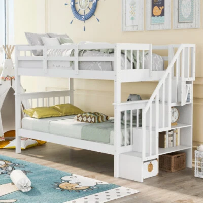 Stairway Bunk Bed with Storage Wood Platform Bed Frames For Bedroom School Dorms - Image 1 of 4