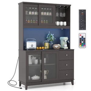 Kitchen Pantry Storage Cabinet Kitchen Hutch w/ LED lights & Power Outlet Dark - Picture 1 of 10