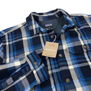 Patagonia Fjord Loft Blanket Shirt Jacket Mens Size L Organic Cotton Blue Plaid - Picture 1 of 10