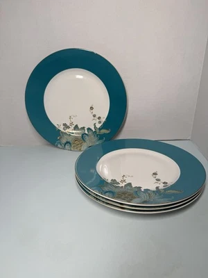 222 FIFTH Eliza Teal White Floral Fine Porcelain 11" Dinner Plates Set of 4 NEW - Imagem 1 de 4