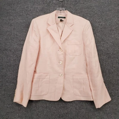 LRL Ralph Lauren Blazer 女式 10 粉色单排扣亚麻夹克衬里缺口 — 第 1/4 张图片