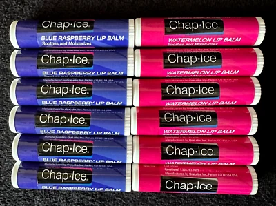 12 peças CHAP ICE MELANCIA E FRAMBOESA AZUL ACALMAR SECO RACHADO BÁLSAMO LABIAL CHAPSTICK - Imagem 1 de 4