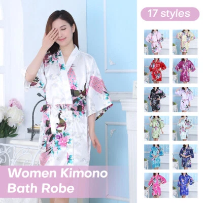 1pcs Women Peacock Bridal Bridesmaid Kimono Sexy BathRobe Satin Night Dress Gown - Image 1 of 4