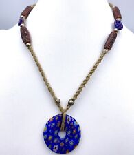 Millefiori Blue Glass Flowers Hemp Carved Bead Necklace Silver Tone Toggle Clasp