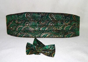 NEW CUMMERBUND AND BOW TIE SET - Green, Gold & Black - Pleated - STUNNING !! - Picture 1 of 18