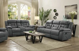 2 PC STONE GREY FAUX SUEDE RECLINING SOFA AND LOVE SEAT LIVINGROOM FURNITURE SET - Picture 1 of 17