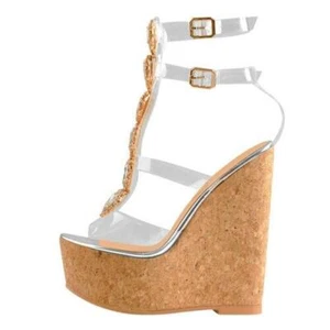 Women Peep Toe Wedge High Heels Rhinestone Clear Ankle Strap Party Sandals Shoes - Picture 1 of 6