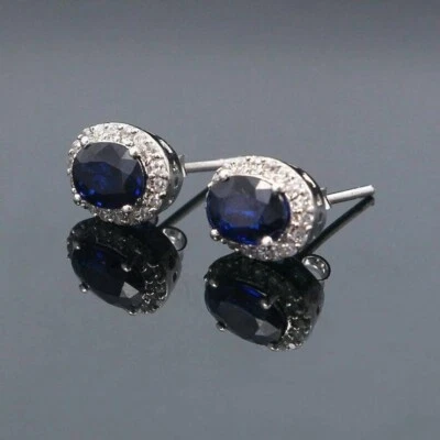 Zaffiro Blu Orecchini a Lobo 925 Argento Sterling Art Déco Halo - Immagine 1 di 4