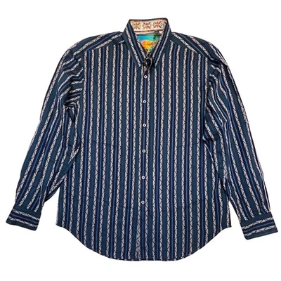 Robert Graham Blue Geometric Striped Embroidered Artsy Long Sleeve Shirt Size L - Image 1 of 4