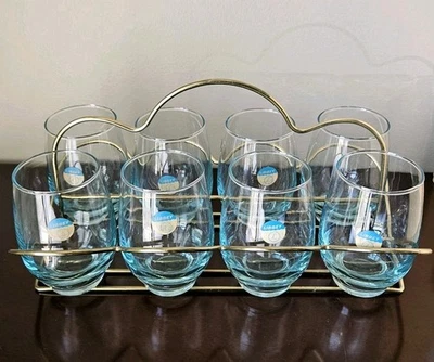 8 Vintage Libbey Tempo Aqua Blue Tumblers Glasses In Gold Caddy Original Sticker - Image 1 of 4