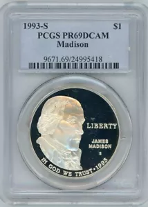 1993S JAMES MADISON COMMEMORATIVE DOLLAR PCGS PR69DCAM Cert. 24995418 - Picture 1 of 2