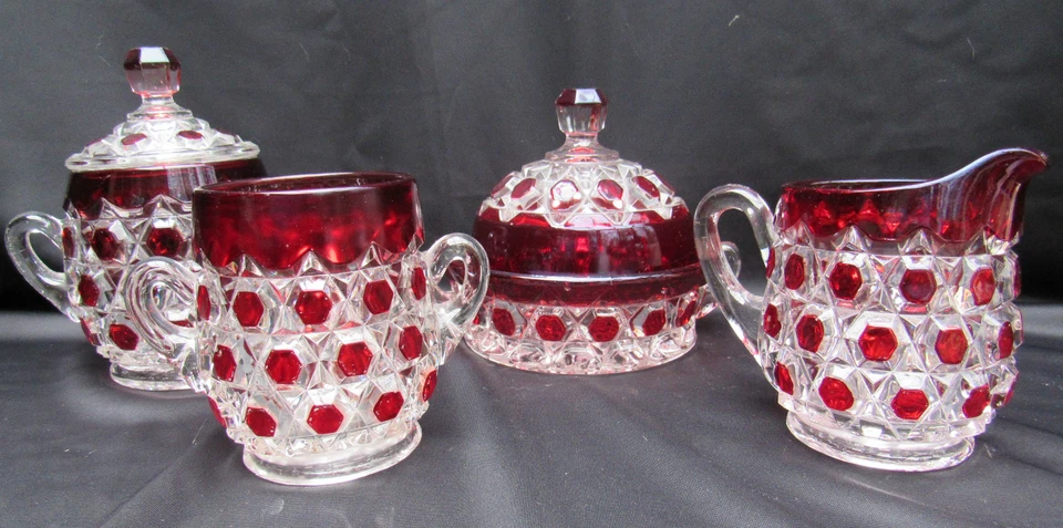Pattern Glass Ruby Stained Red Block Sugar, Creamer, Butter, Spooner Table Set - Image 1 of 1