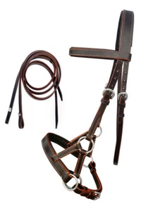 English Western Horse Leather Bitless Bridle Sidepull Halter Reins Brown - Picture 1 of 2