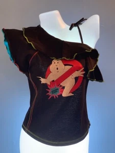 VTG 90s Y2K Ringspun GHOSTBUSTERS One Shoulder DIY Skater Punk Black Top Shirt S - Picture 1 of 12