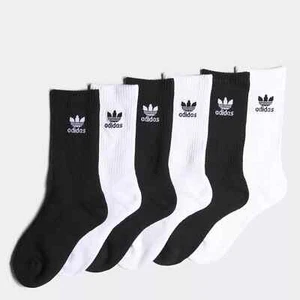 6 Pair ADIDAS YOUTH TREFOIL CUSHION CREW BLACK WHITE SOCKS SHOE SIZE 5Y-7Y LARGE - Picture 1 of 3
